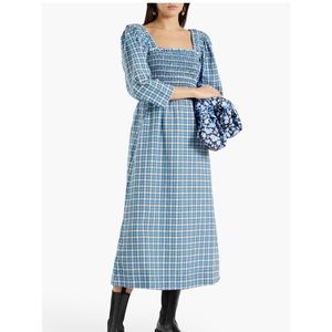 GANNI Seersucker Check Azure Blue Smocked Shirred Plaid Midi Dress Size 36 4 🦋